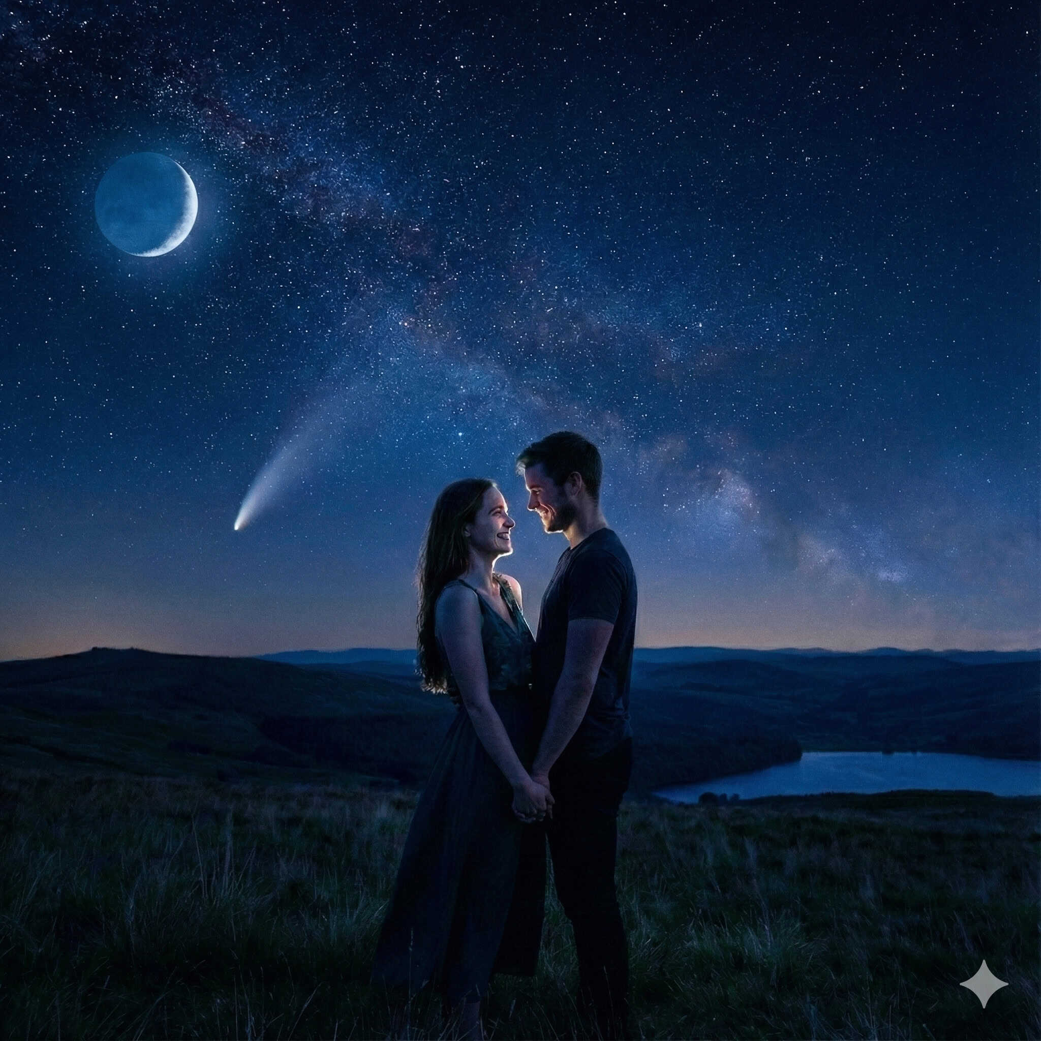 Par se drži za roke pod zvezdnatim nebom, simbolika za sinastrijo in ljubezensko ujemanje.